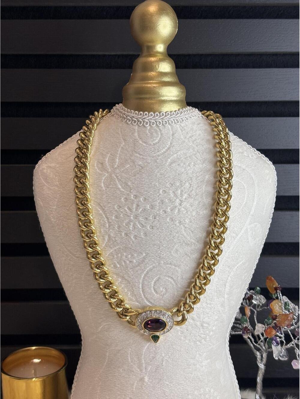 Vintage Gold Tone Chain Necklace with Purple and Green Gemstone Accent